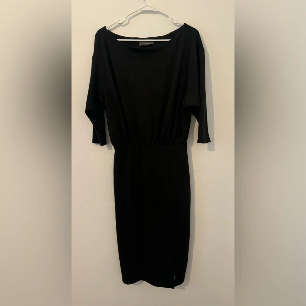 Anthropologie Gray Knit Column Boatneck Midi Dress Slit Boho Classic Office XS